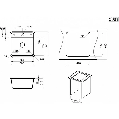 Мойка кварцевая, квадратная, ST-5001, 500*500мм, черный, Granula - фото 4
