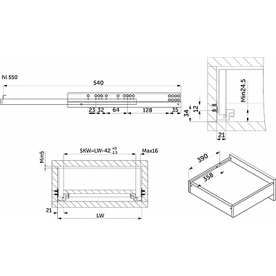 Направляющая скрытого монтажа L-550 с доводчиком ДСП до16mm насадной монтаж AKS 3/4 с фиксаторами - фото 2