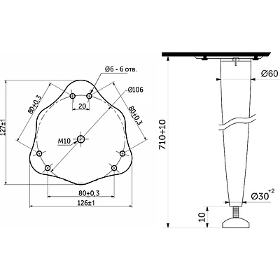 Опора меб. конусная d30-60 h710, хром, винт М10, AKS - фото 2