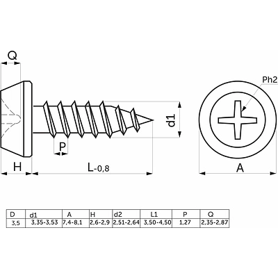 Саморез с полукруглой головкой 3,5*9,5 острый, белый цинк (уп/1тыс.шт) AKS - фото 2