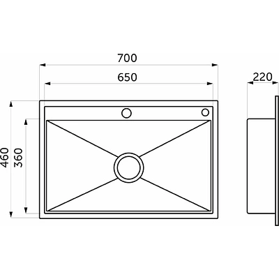 Мойка н/сталь, прямоугольная одночашевая, 700*460мм, черный, врезн на/вровень столешнице, AKS (3,2мм) - фото 7