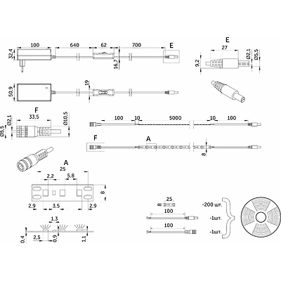 Лента светодиодная - 9,6W/m, 12V, 8мм, 2835, 120 д/м, IP20, холодный белый (6000K) - 5м, + блок питания, AKS - фото 2