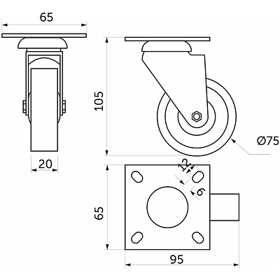 Колесо меб. TECH d75 h100 с площадкой с торм., серый AKS - фото 5