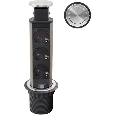 Выдвижной удлинитель Vulcan, 60 мм, 3 розетки, крышка металл, шлифованная сталь, AKS - фото 1