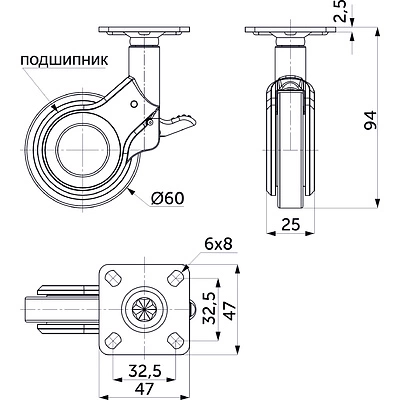 Колесо меб. GALAXY d60 h94 с площадкой с торм., золото/черный AKS - фото 2