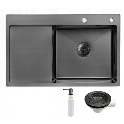 Мойка н/сталь, прямоугольная одночашевая, 780*490мм, мат графит, PVD, мойка справа, с крылом, врезн на/вровень столешнице, AKS (3,2мм) - фото 1