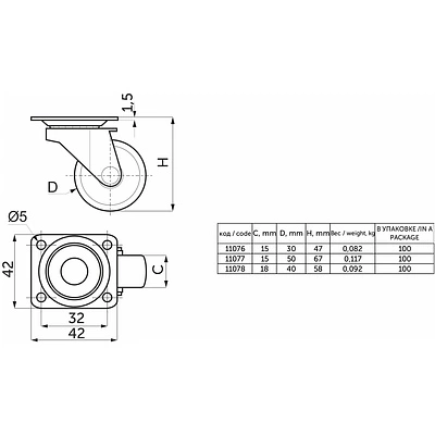 Колесо меб. c рез.ободом d40 h58 с площадкой, серый AKS - фото 2