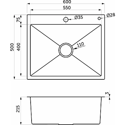 Мойка н/сталь, прямоугольная одночашевая, 600*500мм, графит, PVD покрытие, врезная на/вровень столешнице, AKS (3,2мм) - фото 2