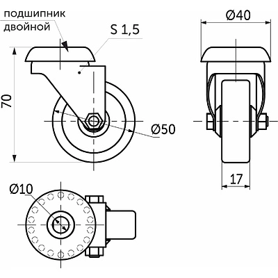 Колесо меб. TECH d50 h70 под винт М10, серый AKS - фото 2
