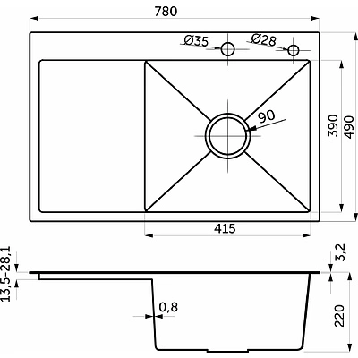 Мойка н/сталь, прямоугольная одночашевая, 780*490мм, графит, мойка справа, врезная на/вровень столешнице, PL (3,2мм) - фото 2