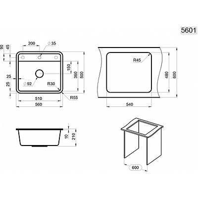 Мойка кварцевая, прямоугольная, ST-5601, 560*500мм, черный, Granula - фото 3