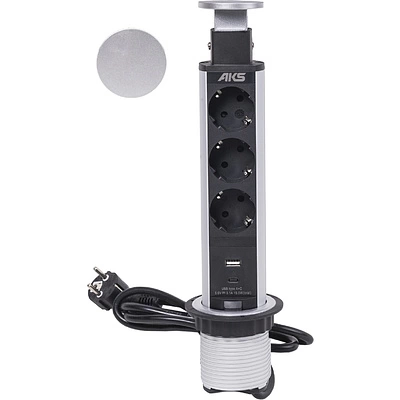 Выдвижной удлинитель Vulcan USB, 60 мм, 3 розетки, USB A + USB C, крышка пластик, алюминий, AKS - фото 3