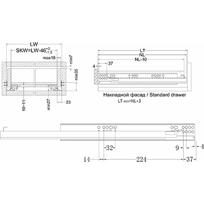 Направляющая скрытого монтажа L-550 с доводчиком ДСП до18mm с замками AKS PLUS 3D полное выдвижение - фото 2