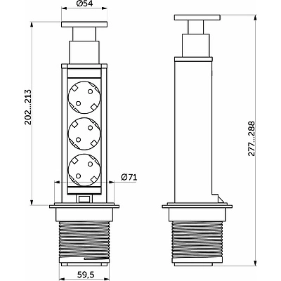 Выдвижной удлинитель Vulcan, 60 мм, 3 розетки, крышка металл, шлифованная сталь, AKS - фото 2