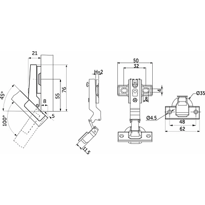 Петля угловая -45° с пружиной 48мм h2 slide-on AKS - фото 2