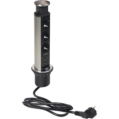 Выдвижной удлинитель Vulcan USB, 60 мм, 3 розетки 2xUSB A, крышка металл, шлиф. сталь, AKS - фото 1