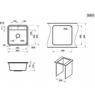 Мойка кварцевая, квадратная, ST-5001, 500*500мм, графит, Granula - фото 3