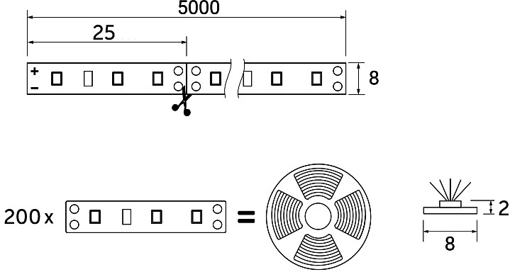 Лента светодиодная двухцветная (CCT) - 9,6W/m, 12V, 8мм, 2835, 120 д/м, IP20, тепл-холод белый, 5м, AKS - фото 2
