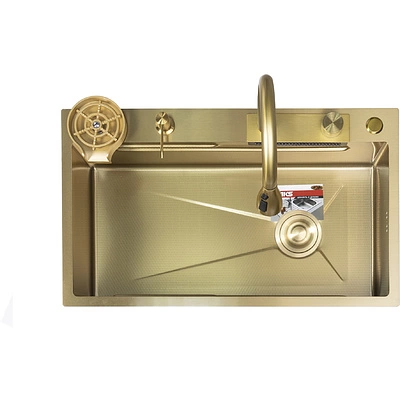 Мойка н/сталь, прямоугольная одночашевая, со смесителем, 750*450мм, соты золото, PVD, врезная на/вровень столешнице, AKS (3,2мм) - фото 5