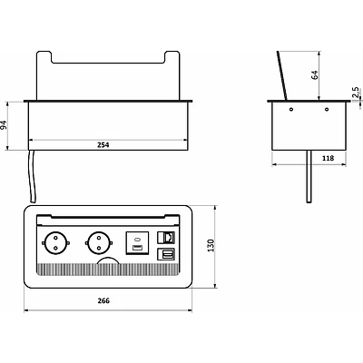 Выдвижной удлинитель Atlas USB, 2 розетки, USB A + C, HDMI, LAN, шлиф. сталь, AKS - фото 2