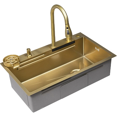 Мойка н/сталь, прямоугольная одночашевая, со смесителем, 750*450мм, соты золото, PVD, врезная на/вровень столешнице, AKS (3,2мм) - фото 4