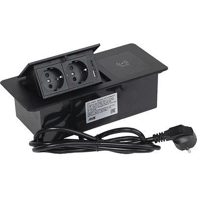 Выдвижной удлинитель Nova 5, 2 розетки, USB A + C, беспроводная зарядка, черный, AKS - фото 1