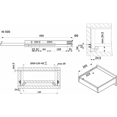 Направляющая скрытого монтажа L-500 с доводчиком ДСП до19mm насадной монтаж AKS 3/4 с фиксаторами - фото 2