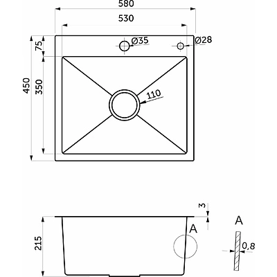 Мойка н/сталь, прямоугольная одночашевая, 580*450мм, сатин, PVD покрытие, врезн на/вровень столешнице, AKS (3,2мм) - фото 2