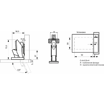 Петля д/стекла накладная с доводчиком h0 clip-on AKS PLUS (саморезы, заглушки) под клей - фото 2