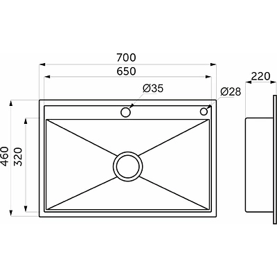 Мойка н/сталь, прямоугольная одночашевая, 700*460мм, глянец сатин, врезн на/вровень столешнице, AKS (3,0мм) - фото 2