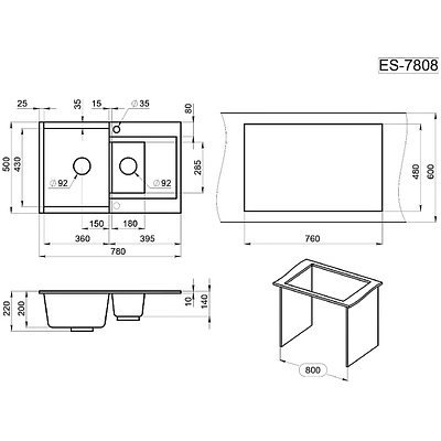 Мойка кварцевая, прямоугольная, GR-7808 Estetica, 780*500мм, базальт, Granula - фото 2