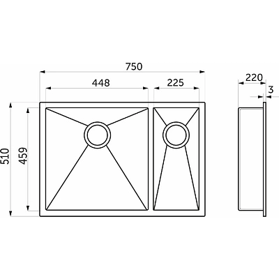 Мойка н/сталь, прямоугольная двухчашевая, 750*510мм, черный, универсальная, AKS (3,2мм) - фото 2