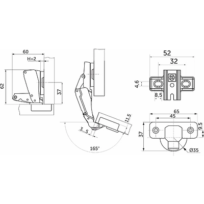 Петля 165° накладная с пружиной 45мм h2 slide-on AKS - фото 2