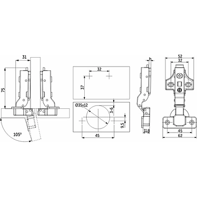 Петля полунакладная с доводчиком 45мм h0 clip-on AKS PRIME (саморезы, заглушки) - фото 2
