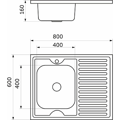 Мойка н/сталь, прямоугольная одночашевая, 800*600мм, полир хром, мойка слева, накладная, AKS (0,4мм) - фото 2