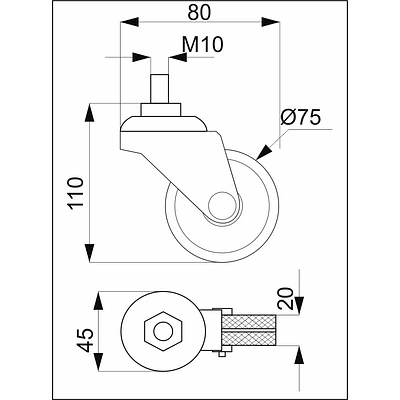 Колесо одинарное d75мм трубы d25 (512В) М10 - фото 2