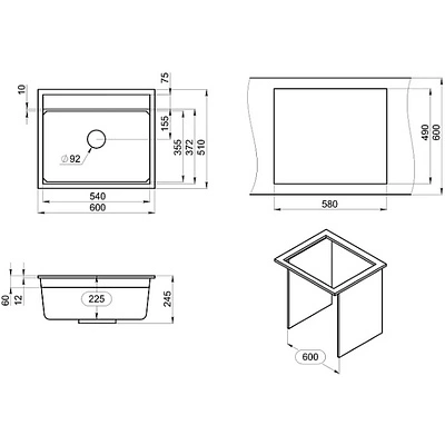 Мойка кварц, прямоугольная, KS-6003, 600*510мм, черный металлик, на столешницу, Granula - фото 2