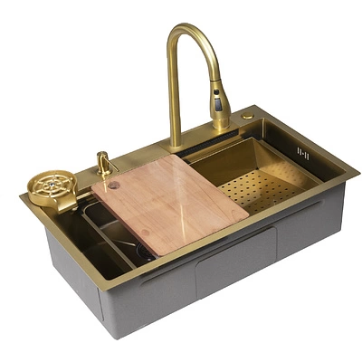 Мойка н/сталь, прямоугольная одночашевая, со смесителем, 750*450мм, соты золото, PVD, врезная на/вровень столешнице, AKS (3,2мм) - фото 1