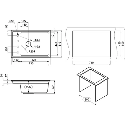 Мойка кварц, прямоугольная одночашевая, KS-7305, 730*510мм, черный металлик, на столешницу, Granula - фото 2