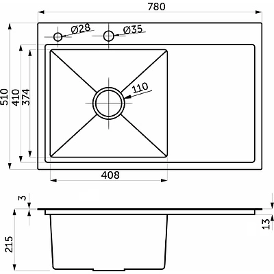 Мойка н/сталь, прямоугольная одночашевая, 780*510мм, сатин, PVD покрытие, мойка слева, с крылом, врезн на/вровень столешнице, AKS (3,2мм) - фото 2
