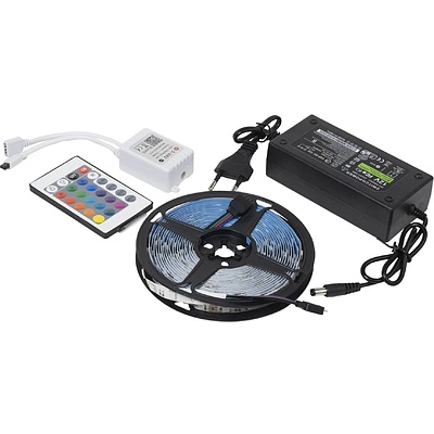 Лента светодиодная RGB - 9W/m, 12V, 10мм, 5050, 54 д/м, IP20, цветная - 5м, + блок питания + контроллер, AKS - фото 1