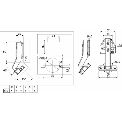 Петля угловая 45° с доводчиком 45мм h0 clip-on AKS PLUS 3D (саморезы, заглушки) - фото 2