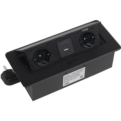 Выдвижной удлинитель Nova USB, 2 розетки, USB A + USB C, черный, AKS - фото 1