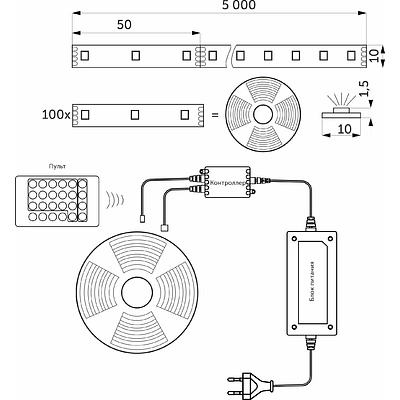 Лента светодиодная RGB - 9W/m, 12V, 10мм, 5050, 54 д/м, IP20, цветная - 5м, + блок питания + контроллер, AKS - фото 3