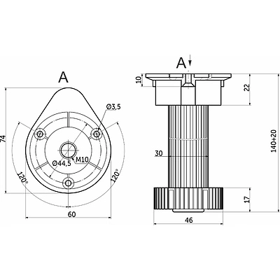 Опора кухонная пласт. h150 трехсоставная с овальным креплением (3 отверстия), черный (1 упак. = 200 шт.) AKS - фото 2
